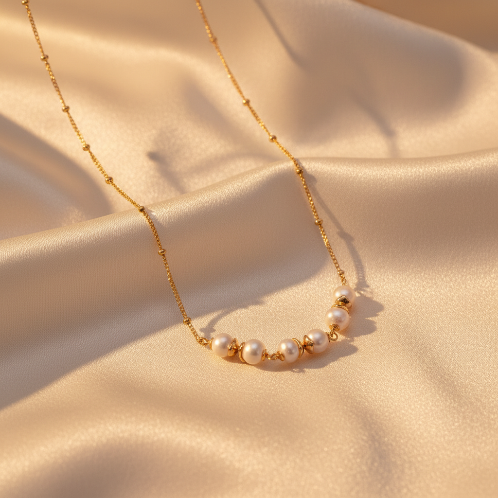 Gold pearl necklace on satin