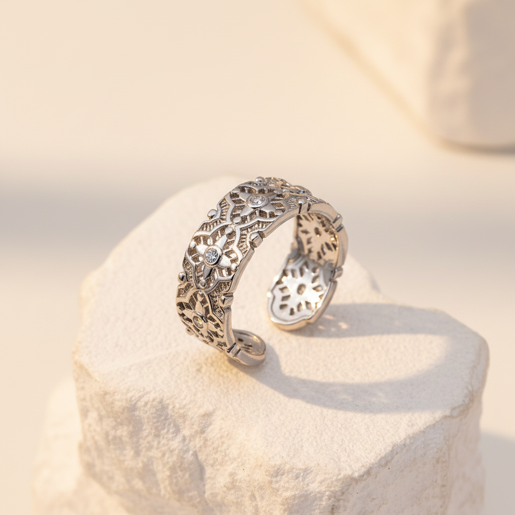 Silver filigree ring luxurious warm aesthetic