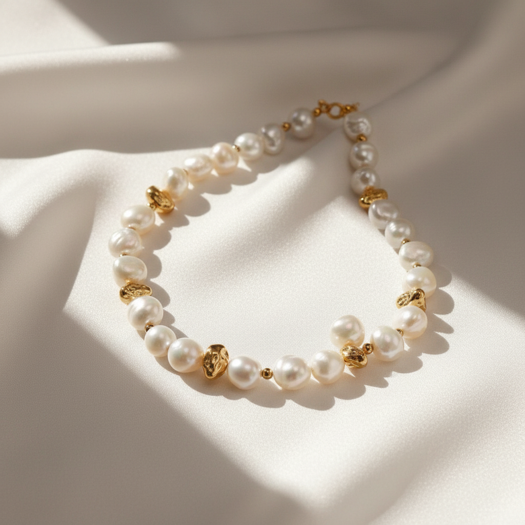Baroque pearl and gold necklace warm white tones